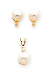 14k Cult. Pearl .03ct. Diamond Set -18 Inch Pendant Earrings - JewelryWeb