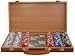 300 poker chips, 2 decks of cards, & 5 white dice in camphor wood carrying case w/han...