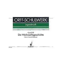 Die Weihnachtsgeschichte: Orff-Schulwerk. Kinderchor (SMezA) mit Soli, Sprecher und Instrumenten (Gitarren, Lauten, 3 Gamben, Violoncello, Bass und ... Schellen, Schellentrommel, Tomtom, gr