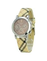 F025 6 Needle Round Dial PU Leather Band Womens Quartz Watch Waterproof- Brown Dial Yellow Band - JUST ARRIVE...