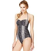 Autograph Jewel Embellished Faux Snakeskin Print Bandeau Swimsuit