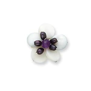 Sterling Silver Amethyst FW Cultured Pearl MOP Flower Pin by