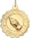 Faith-Hope-Charity with Praying Hands on Disc, 14K Gold Charm