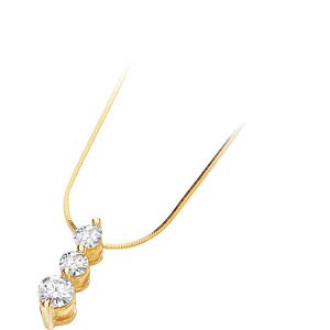 14K Yellow Gold Created Moissanite 3 Stone Pendant Slide On 18 Inch Square Snake Chain