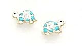 14k Yellow CZ Blue Enamel Childrens Turtle Earrings