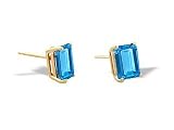 14K Yellow Gold Genuine Emerald-cut Blue Topaz Stud Earrings