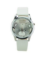 Bear Pattern Genuine Band Round Dial Rhinestones as Scale Quaretz Movement Watch-white - BY ninetong