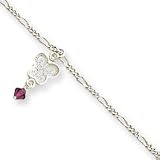 Sterling Silver Dark Pink Crystals Dangling Butterflies Anklet - 10 Inch