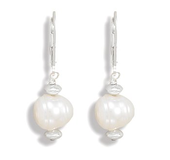 Cultured Freshwater Pearl and Sterling Silver Rondell Bead Lever Back Earrings