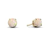 14K Yellow Gold Round Genuine Opal Stud Earrings