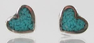 Southwestern Tiny Chip Inlay Turquoise Heart Stud Earrings in Sterling Silver, #2517