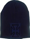 Outer Rebel Fashion Beanie- Black and Blue Stripes with Iron Cross