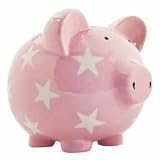 Elegant Baby Pig Bank, Pink with White Stars, Medium