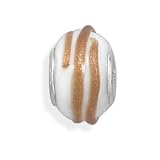 Sterling 10mm White Glass Story Bead Charm Hand Painted Copper Gold Color Thin Line Around The Bead