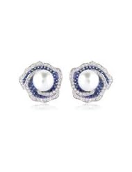 Diamond Blue Sapphire & Pearl 18k White Gold Earrings