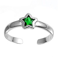 Sterling Silver Fashion Toe Ring - Star with Emerald CZ - 2mm Band Width
