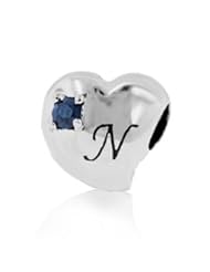 Sterling Silver Alphabet N Pandora Style Charm with 2 Pieces 3mm Dark Blue Natural Sapphire Gemstones on Both Sides , Fits Pandora and All Brands Charm Bracelets and Necklaces.