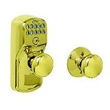 Schlage FE575 V PLY 505 PLY Plymouth Keypad Entry with Auto-Lock and Plymouth Knobs, Bright Brass