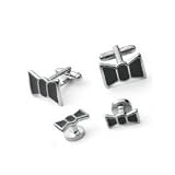 Tuxedo Cufflinks and Stud Set - Black Bowtie Enamel Cufflinks in Silver Setting