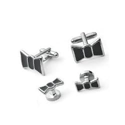 Tuxedo Cufflinks and Stud Set - Black Bowtie Enamel Cufflinks in Silver Setting