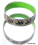 Sterling Silver Bangle Bracelet Pair with Enamelled Painting 60 gms. 2.75 inches (esbn070)