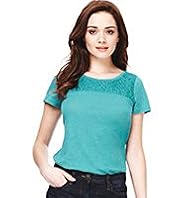 Petite Linen Blend Floral Lace Yoke Top
