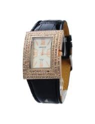 Fashion Ladys Wristwatch with Rhinestones Decorated Quadrate Dial/PU Leather Band - Black Band & White Dial -...