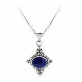 Sterling Silver Bali Beaded Genuine Lapis Stone East West Pendant