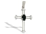 14K White Gold Genuine Oval Black Onyx and Diamond Cross Pendant