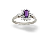 14K White Gold Genuine Emerald-cut Amethyst and Diamond Ring