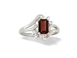 14K White Gold Genuine Emerald-cut Garnet and Diamond Ring