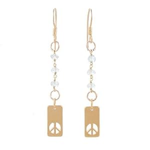 Rectangular Peace Sign Tag Dangle Earrings in Gold Vermeil with Blue Topaz Gemstone Beads, #8093