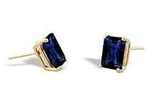 14K Yellow Gold Genuine Emerald-cut Sapphire Stud Earrings
