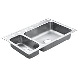 MOEN 22823 Excalibur 33-Inch-by-22-Inch 4-Hole Double Bowl Kitchen Sink, Satin