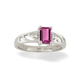 14K White Gold Genuine Emerald-cut Pink Tourmaline and Diamond Ring by Jewels For Me