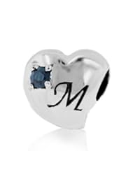 Sterling Silver Alphabet M Pandora Style Charm with 2 Pieces 3mm Dark Blue Natural Sapphire , Fits Pandora and All Brands Charm Bracelets and Necklaces.