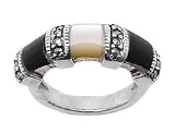 Marcasite, Black Onyx, and Mother of Pearl Sterling Silver Bar Ring (Size 6,8,9)