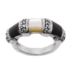 Marcasite, Black Onyx, and Mother of Pearl Sterling Silver Bar Ring (Size... by Silver Insanity
