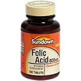 Folic Acid 800 Mcg Vitamin Supplement Tablets, By Sundown - 100 Tablets