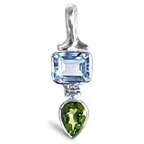 5.1 Ct Blue Topaz and Peridot Gemstone Pendant, Custom Designed 925 Sterling Silver Pendant Necklace with 18 Inch Snake Chain
