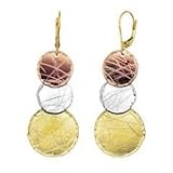 Women's Hammered and Scratched Circular Dangle Earrings in 14K Tricolor Gold: 2.3in-long 0.9in-wide 10.2 grams