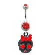 Stainless Steel Belly Ring with Red Crystals - Dangling Baby Skull with Ribbon