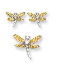 Sterling Silver Yellow CZ Dragonfly Earrings and Pendent Set