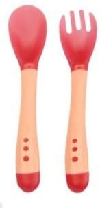 Heat Sensitive toddler infant spoon and fork training set. Baby feeding silicone forks and spoons. Tot feeding set, dishwasher safe BPA Free (Red)