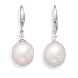 18K White Gold French Wire Earrings with a Diamond and 9.5-10mm Cultured Freshwater Pearl Drop