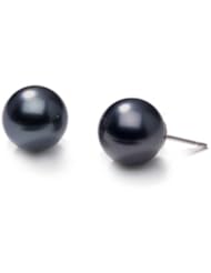 11mm natural color Black Tahitian south sea cultured pearl earring studs set in 14K yellow gold