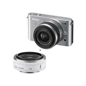 Nikon 1 J2 Mirrorless Camera with 10-30mm (2.7x) Lens, Silver - Bundle - with Nikon 1 Nikkor 10mm f/2.8 Lens, White - Includes: Free Nikon Bag and a 32GB Memory Card