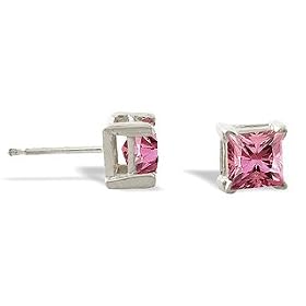 14K White Gold Genuine Square Pink Tourmaline Stud Earrings by Jewels For Me