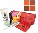 Clinique 6 Pieces Travel Set + cosmetic Bag Set :Mini Happy perfume + 5ml Repairwear Eye Cream + cleanser + Mascara + 4 Lipstick color + Brush Total 7 pc set