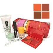 Clinique 6 Pieces Travel Set + cosmetic Bag Set :Mini Happy perfume + 5ml Repairwear Eye Cream + cleanser + Mascara + 4 Lipstick color + Brush Total 7 pc set